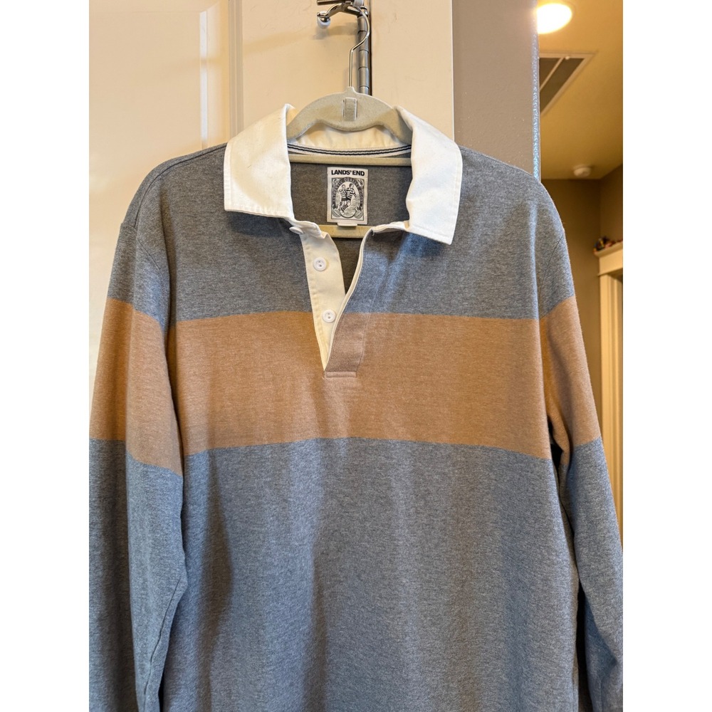Vintage Men's‎ Lands' End Gray and Tan 100% Cotton Large Tall (LT) Rugby Shirt - Picture 6 of 8